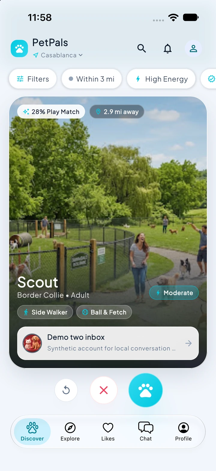 PetPals discovery interface with an illustrative pet profile